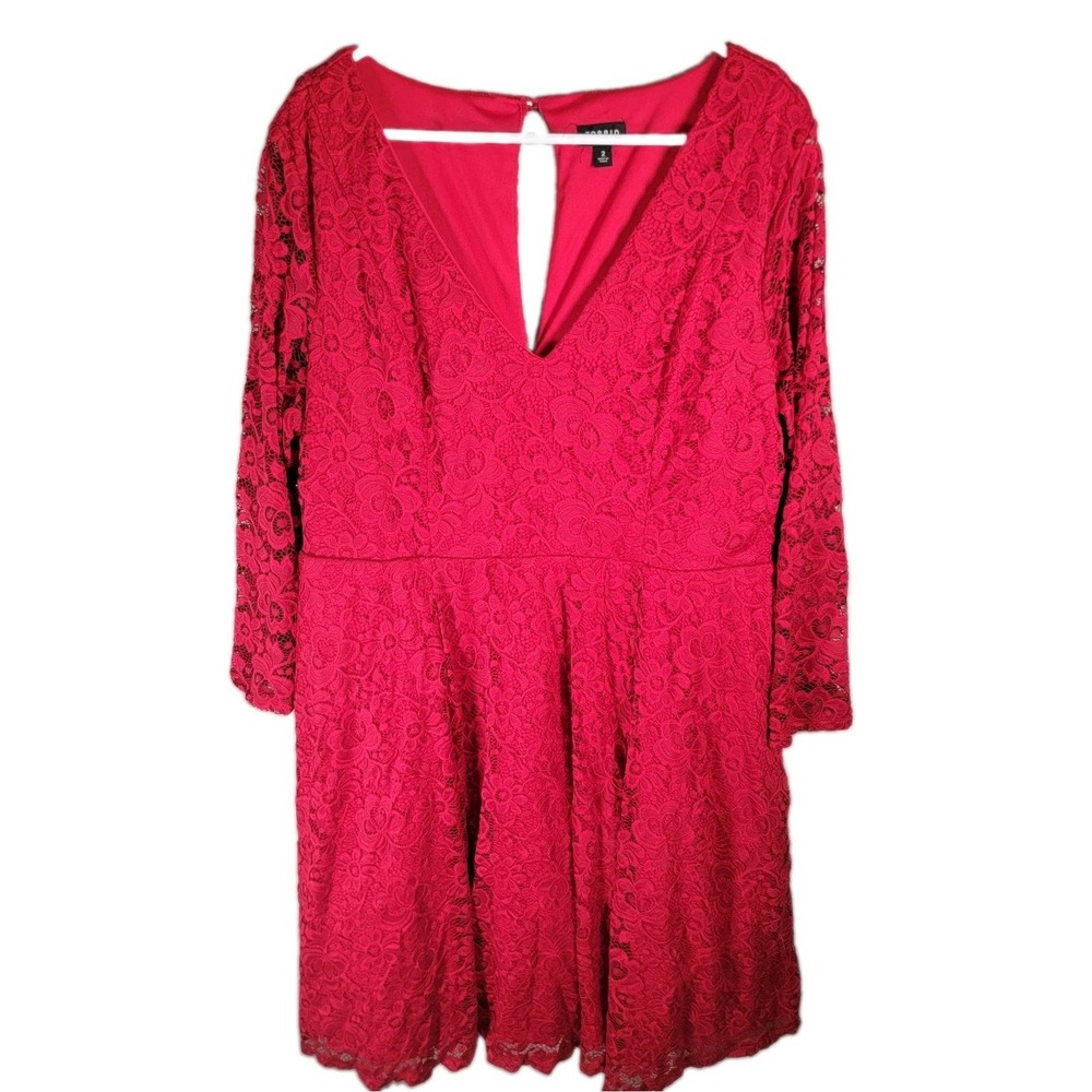 Torrid Dress Womens 2 2X Red Floral Lace Skater 3/4 Sleeve Cocktail Fit & Flare